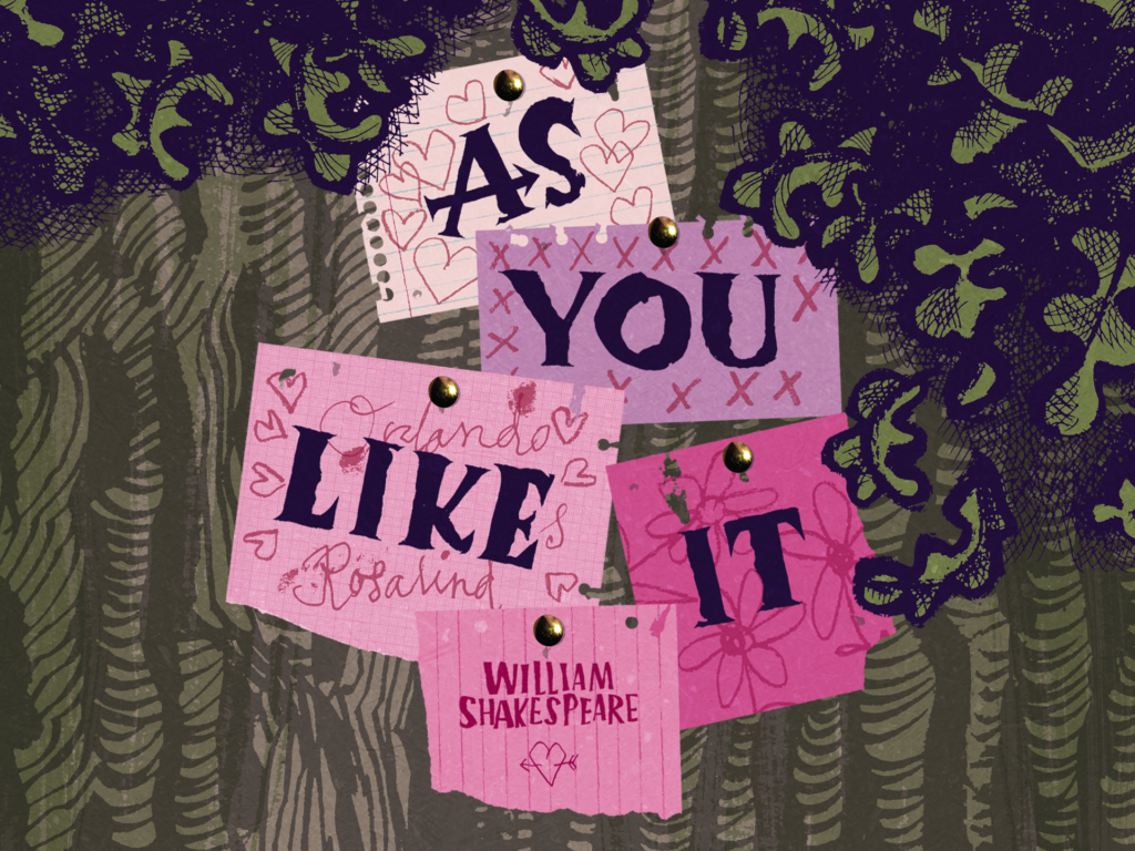 As You Like It Written Across Four Pink And Purple Post-Its On A Wooden Board With Leaves Around Them.