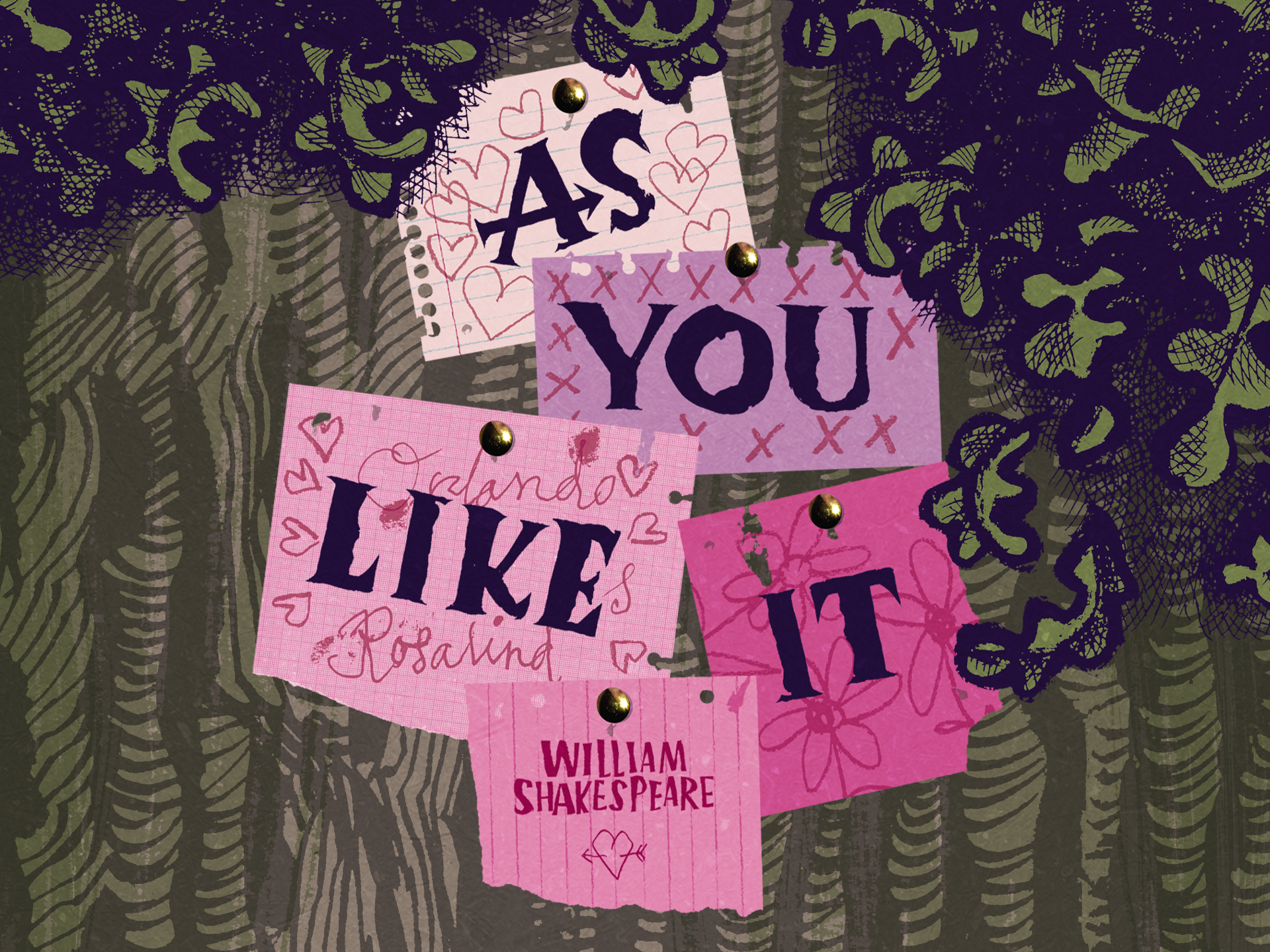 As You Like It Written Across Four Pink And Purple Post-Its On A Wooden Board With Leaves Around Them.