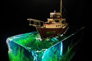 Summer Sculpture Trail 2026 A Model Ship Floating On A Sea Made Out Of Clear Resin. Within The Resin Is Seaweed.